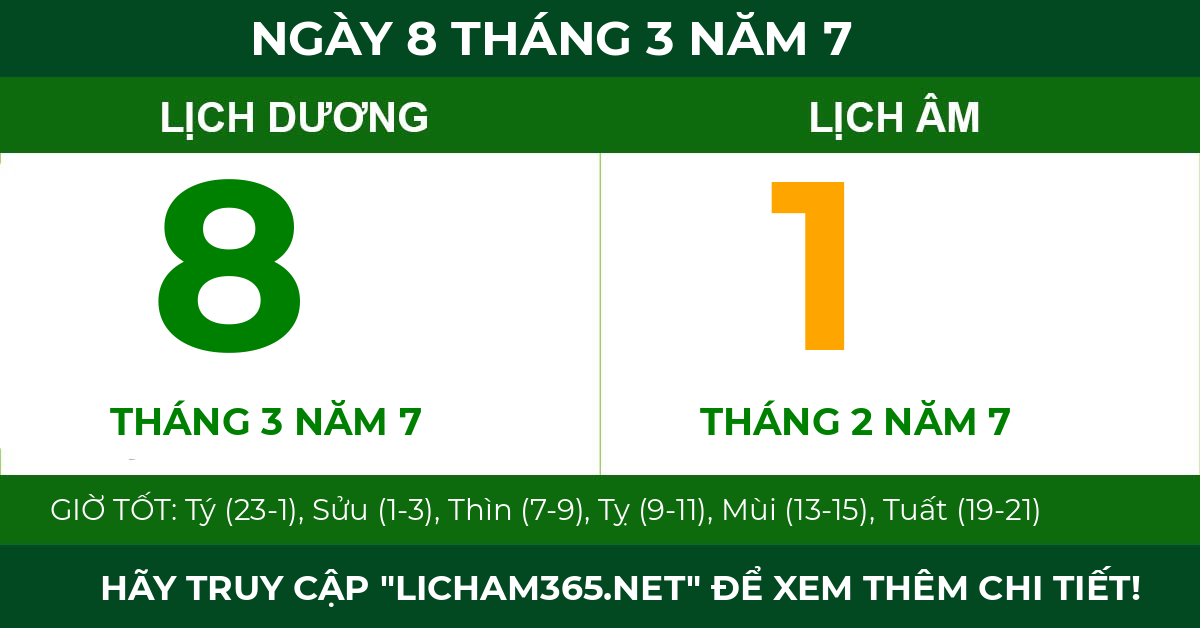 lịch âm ngày 8 tháng 3 năm 7