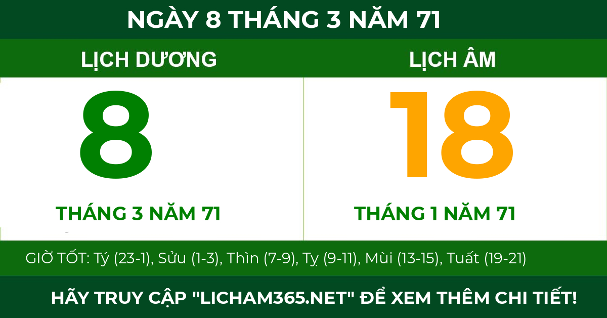 lịch âm ngày 8 tháng 3 năm 71