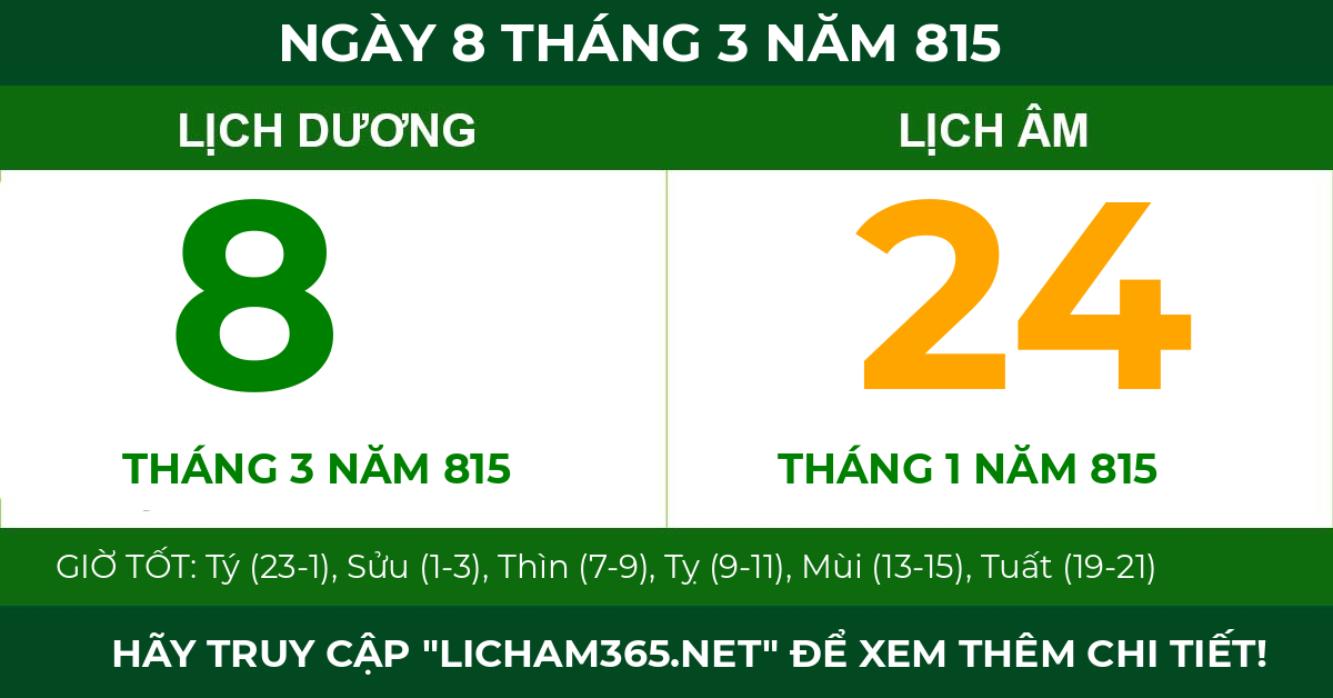lịch âm ngày 8 tháng 3 năm 815