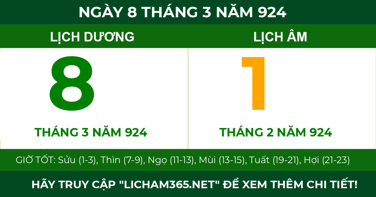lịch âm ngày 8 tháng 3 năm 924