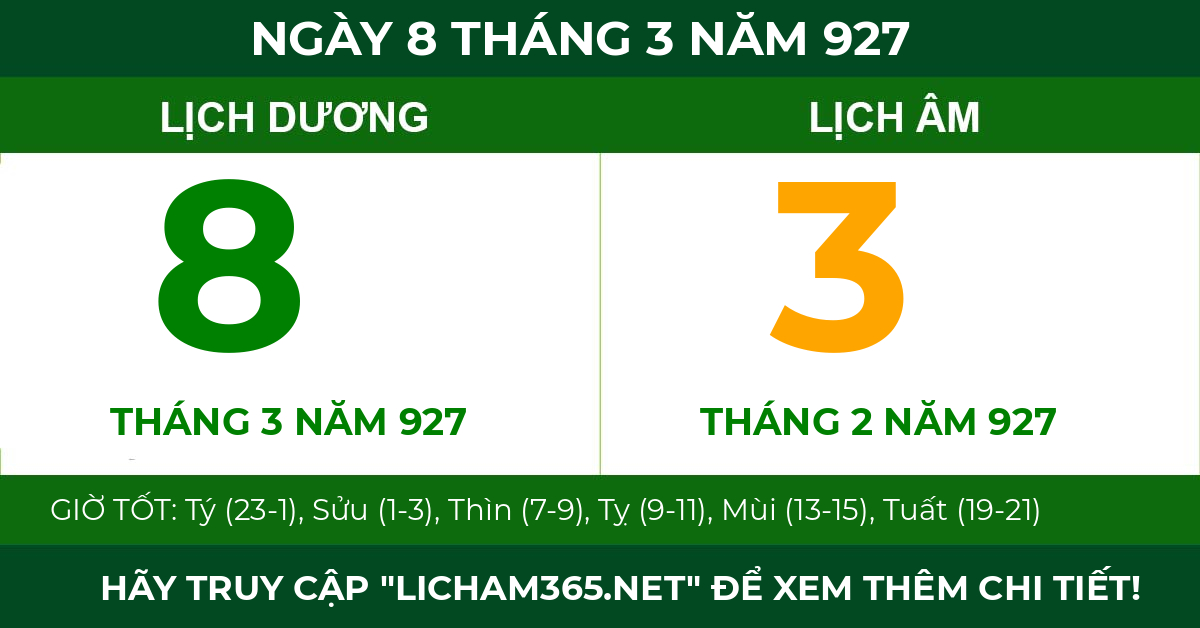 lịch âm ngày 8 tháng 3 năm 927