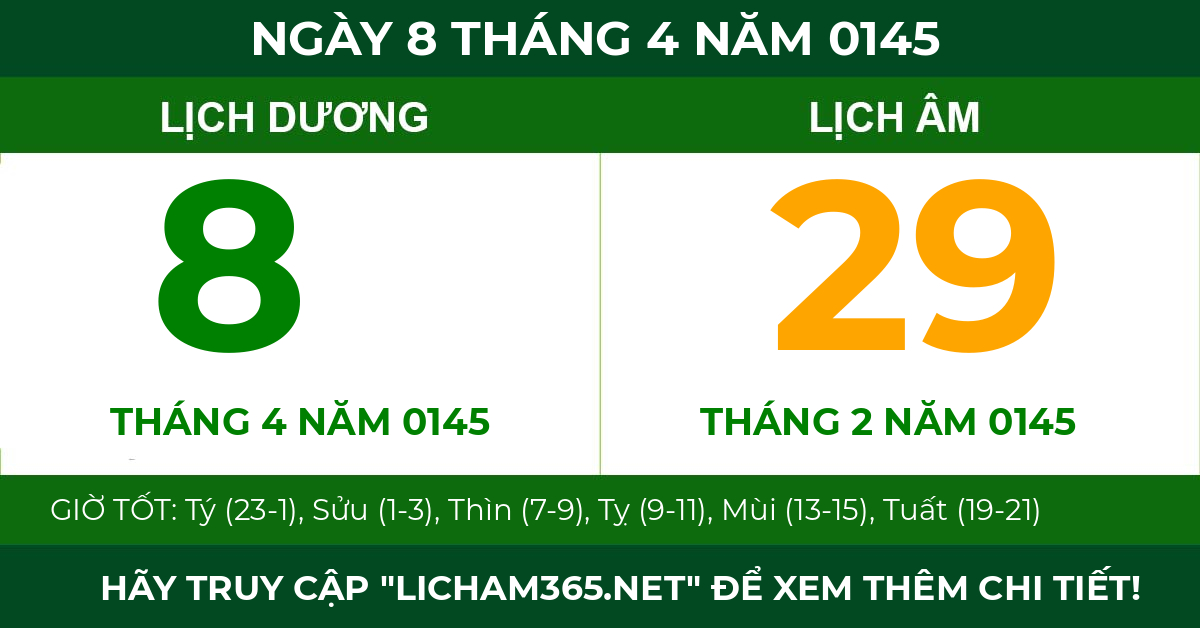 lịch âm ngày 8 tháng 4 năm 0145