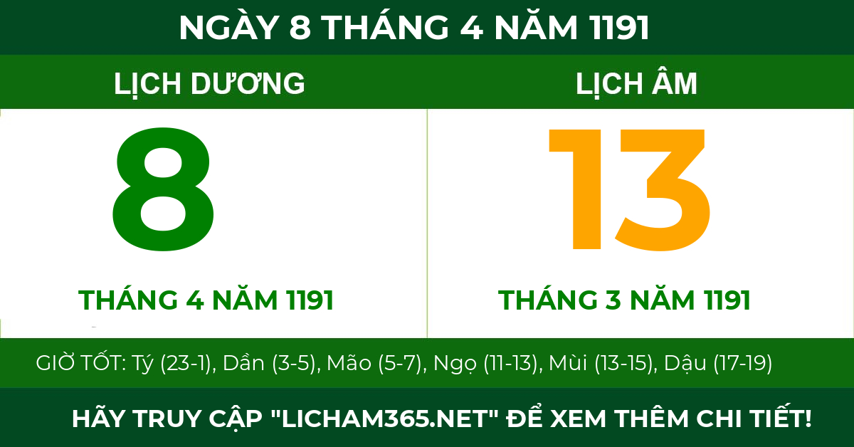 lịch âm ngày 8 tháng 4 năm 1191