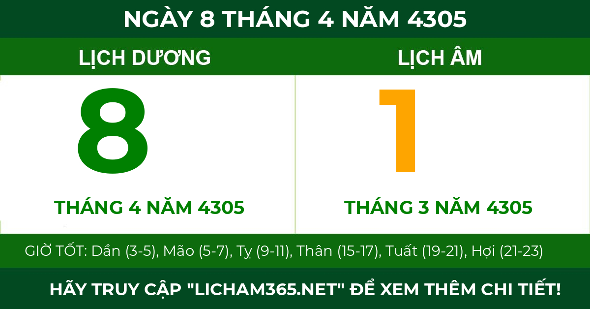 lịch âm ngày 8 tháng 4 năm 4305
