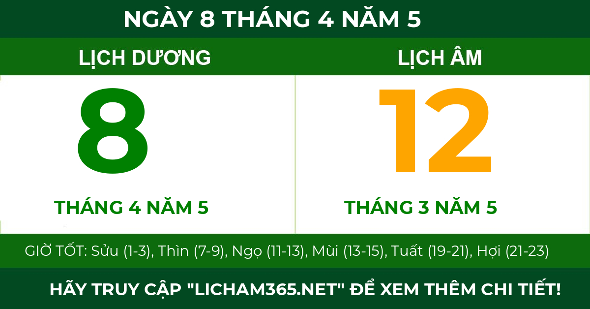 lịch âm ngày 8 tháng 4 năm 5