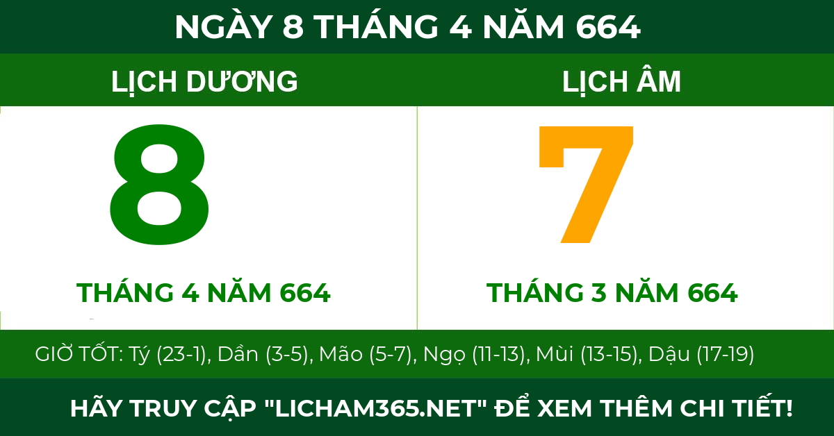 lịch âm ngày 8 tháng 4 năm 664