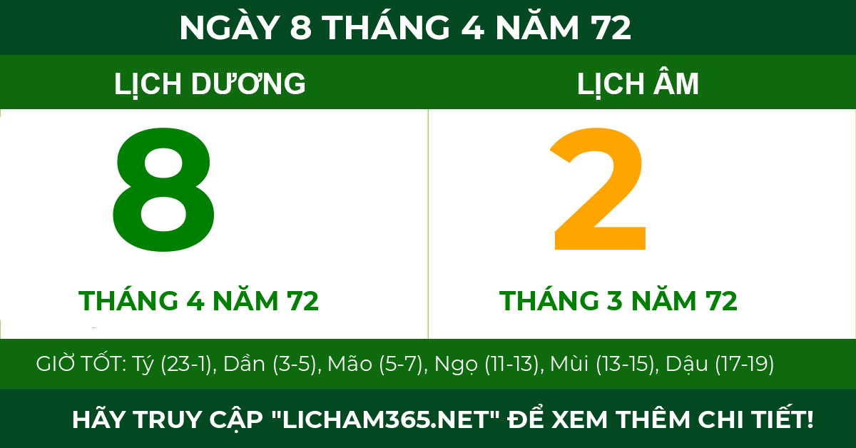 lịch âm ngày 8 tháng 4 năm 72