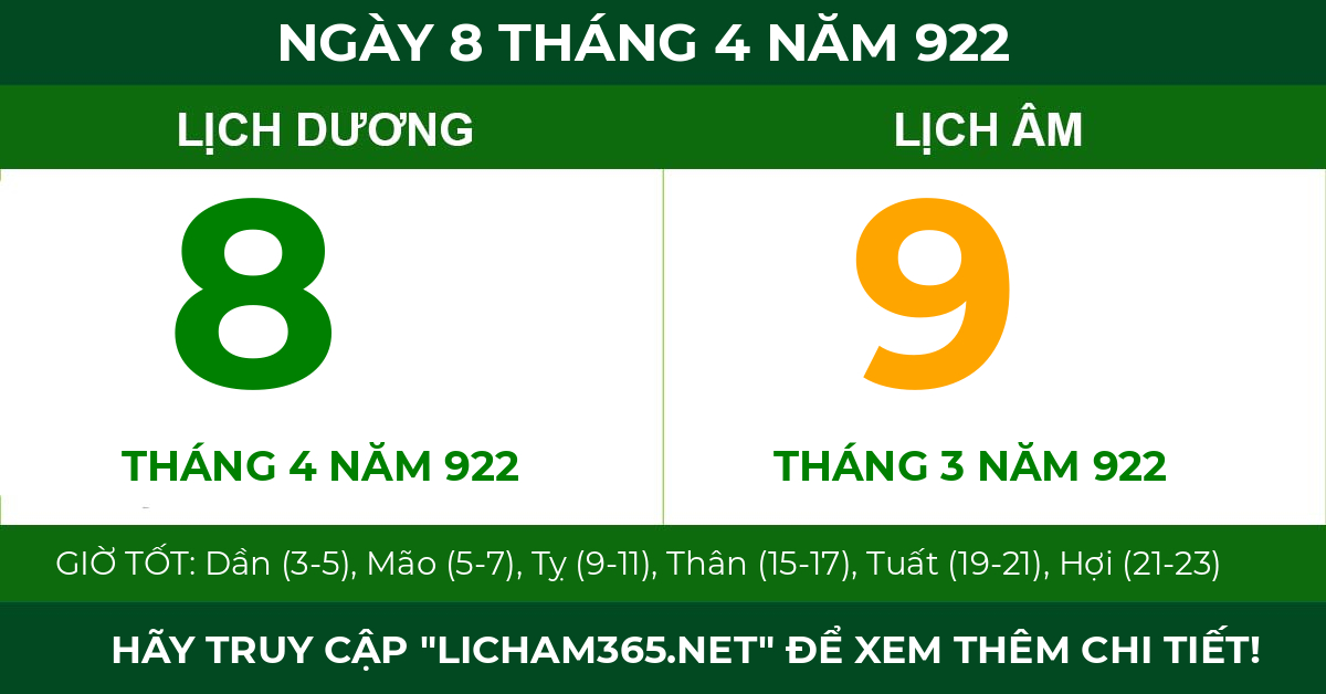 lịch âm ngày 8 tháng 4 năm 922