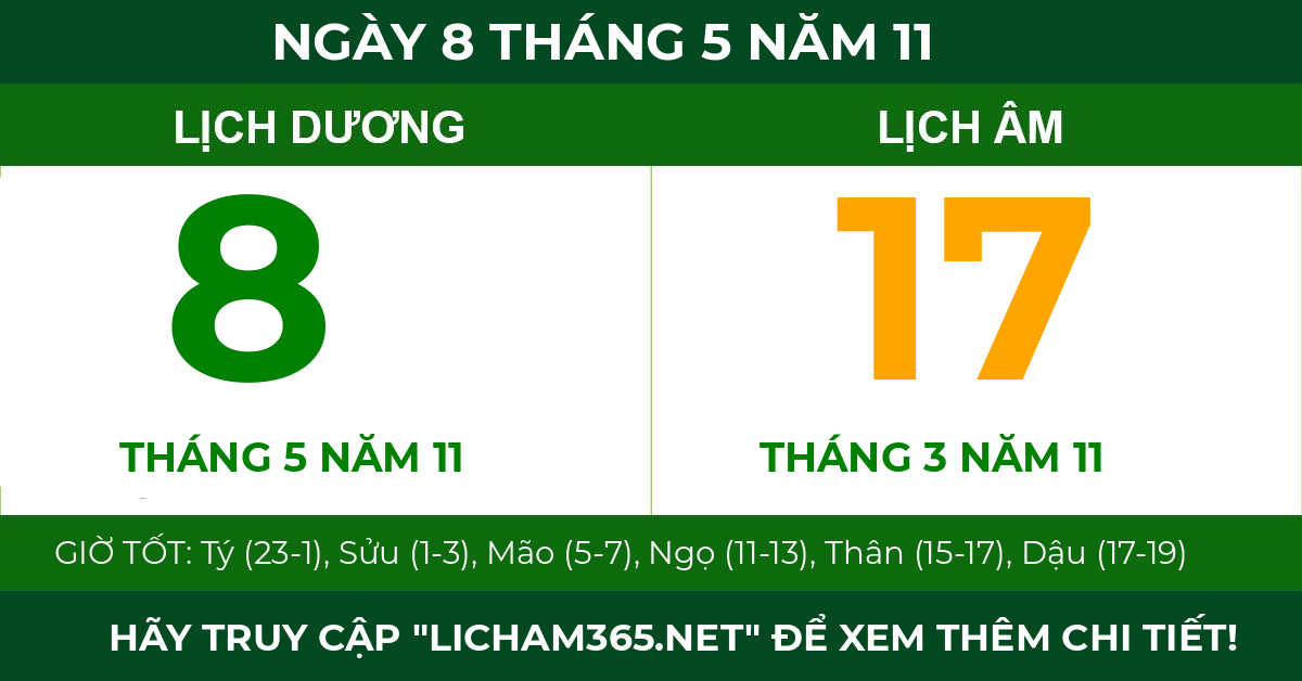 lịch âm ngày 8 tháng 5 năm 11