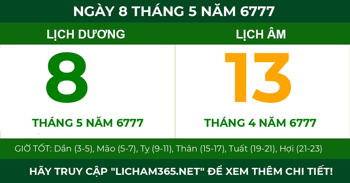 lịch âm ngày 8 tháng 5 năm 6777