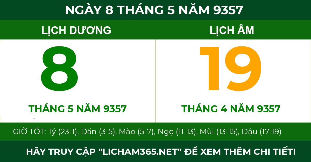 lịch âm ngày 8 tháng 5 năm 9357