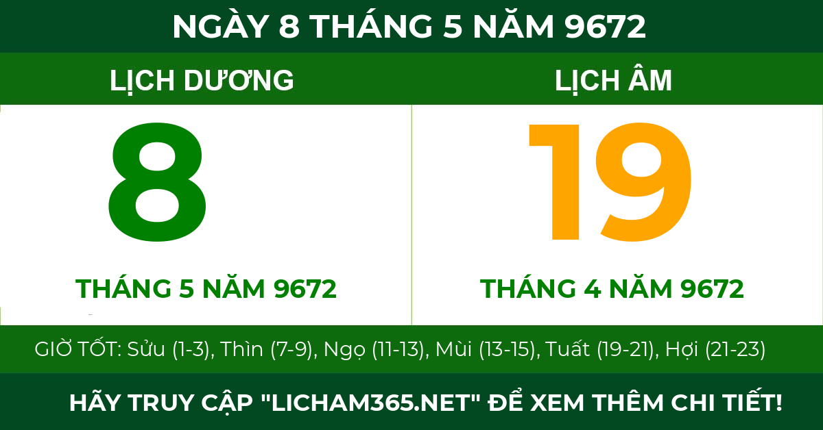 lịch âm ngày 8 tháng 5 năm 9672