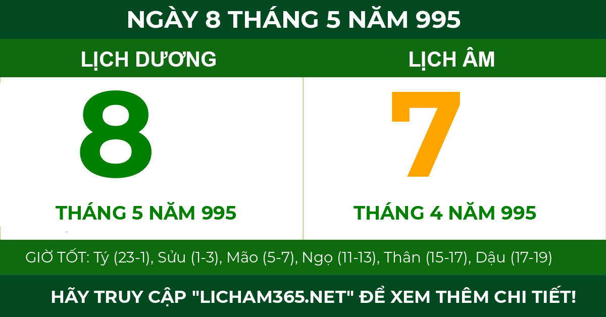 lịch âm ngày 8 tháng 5 năm 995