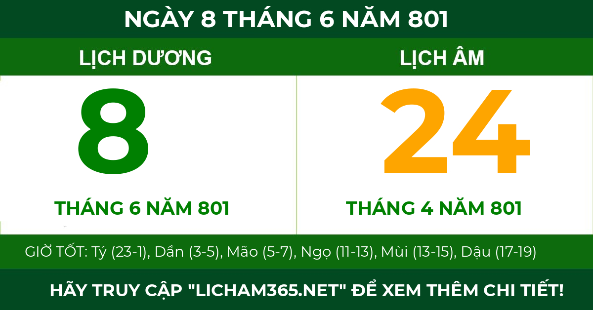 lịch âm ngày 8 tháng 6 năm 801