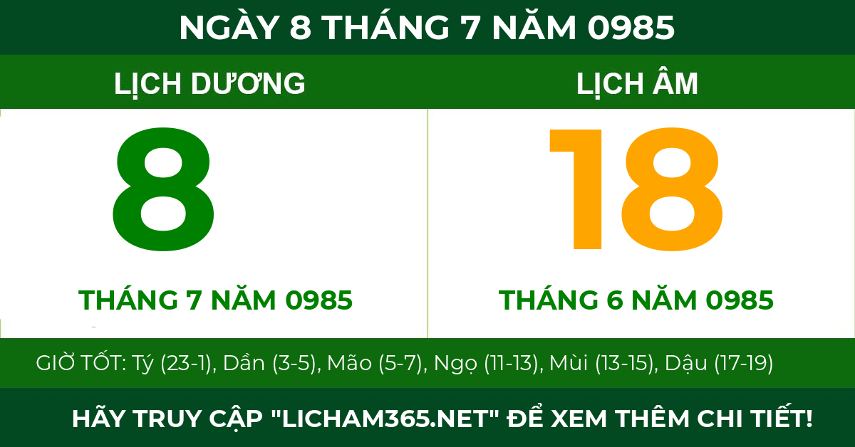 lịch âm ngày 8 tháng 7 năm 0985