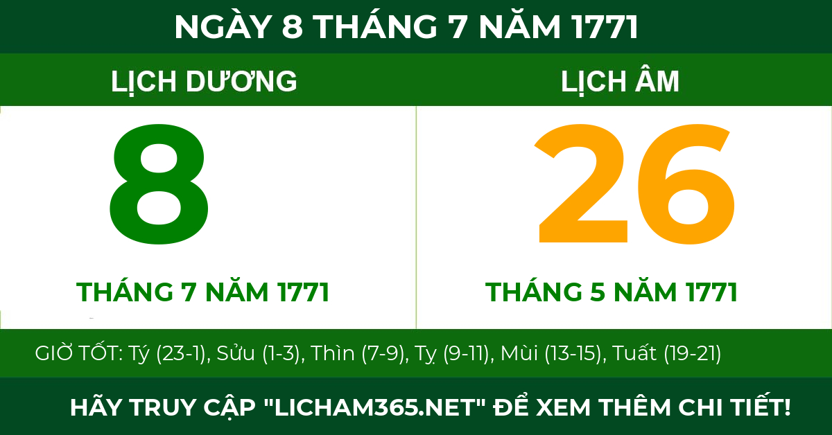 lịch âm ngày 8 tháng 7 năm 1771