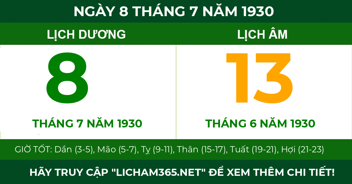 lịch âm ngày 8 tháng 7 năm 1930