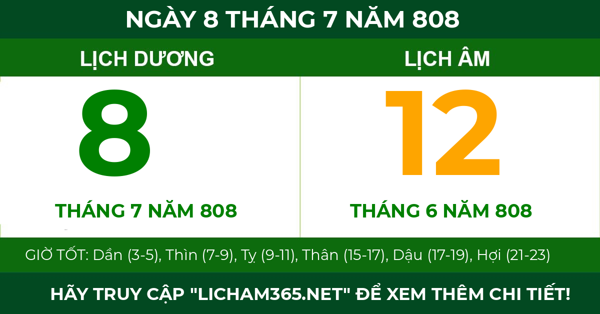 lịch âm ngày 8 tháng 7 năm 808