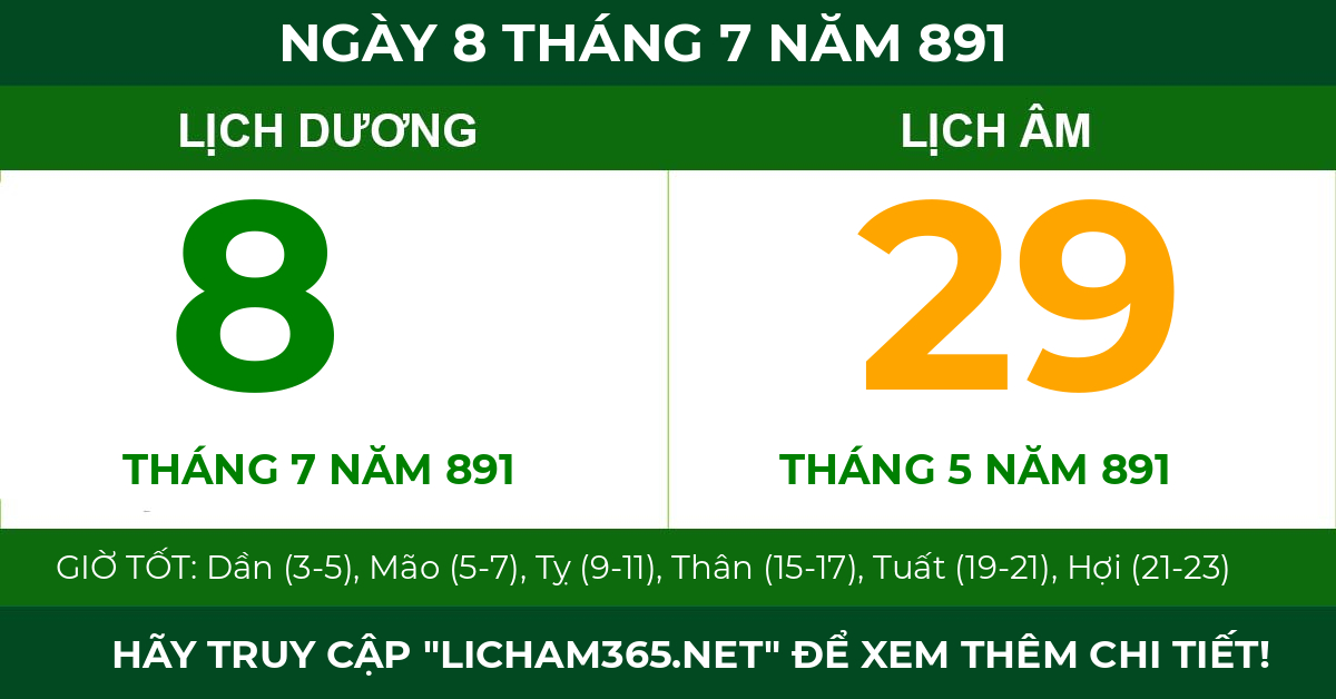 lịch âm ngày 8 tháng 7 năm 891