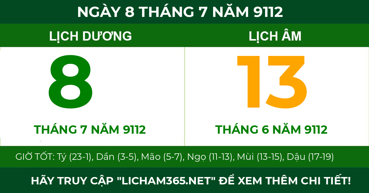 lịch âm ngày 8 tháng 7 năm 9112