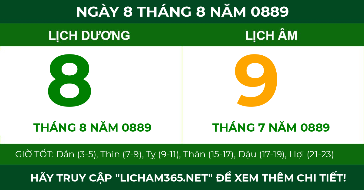 lịch âm ngày 8 tháng 8 năm 0889
