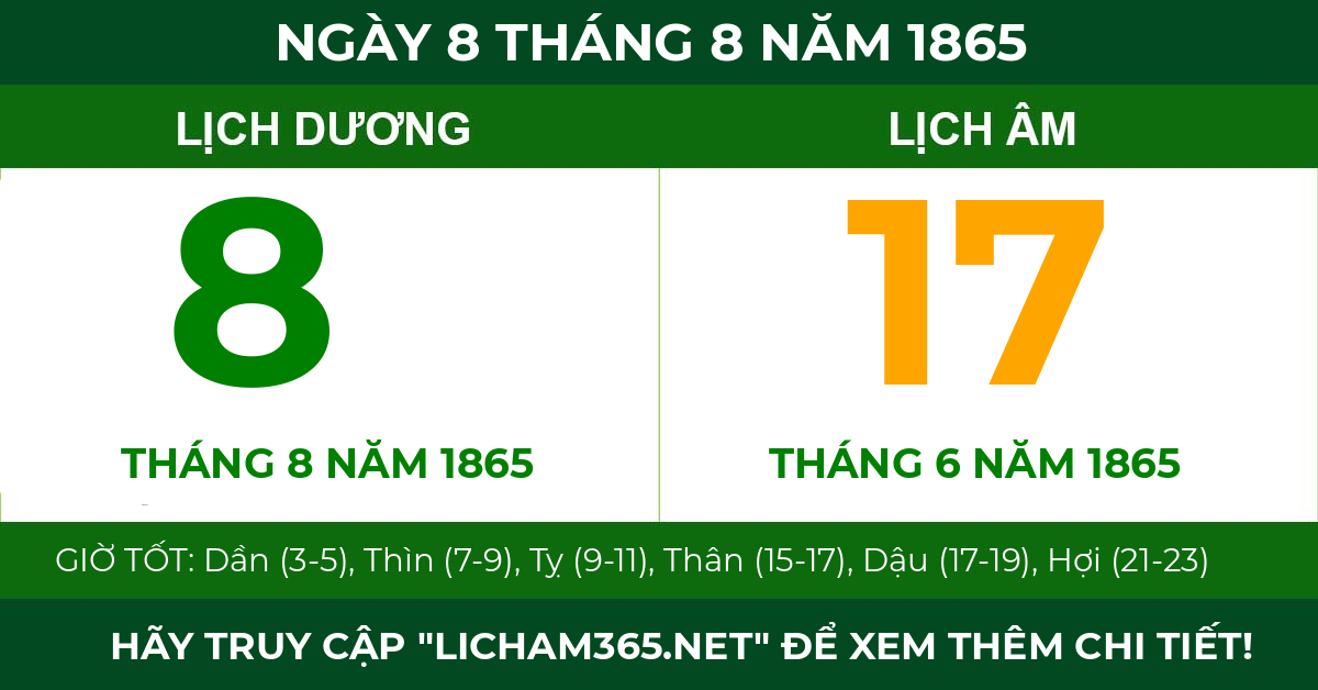 lịch âm ngày 8 tháng 8 năm 1865