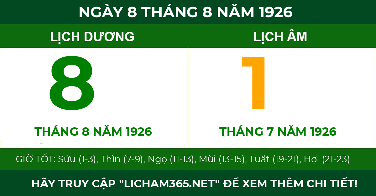 lịch âm ngày 8 tháng 8 năm 1926
