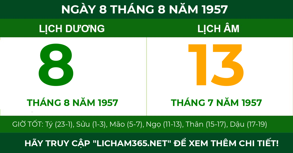 lịch âm ngày 8 tháng 8 năm 1957