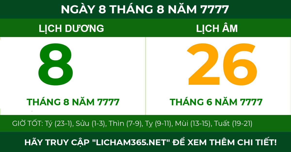lịch âm ngày 8 tháng 8 năm 7777