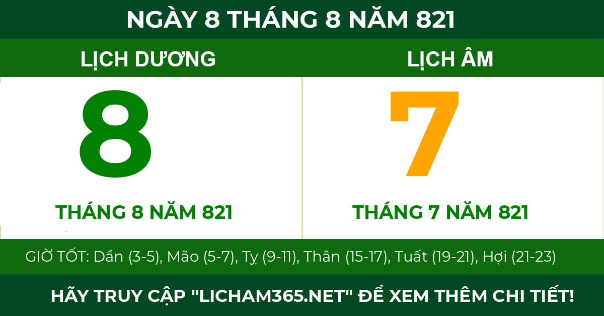 lịch âm ngày 8 tháng 8 năm 821