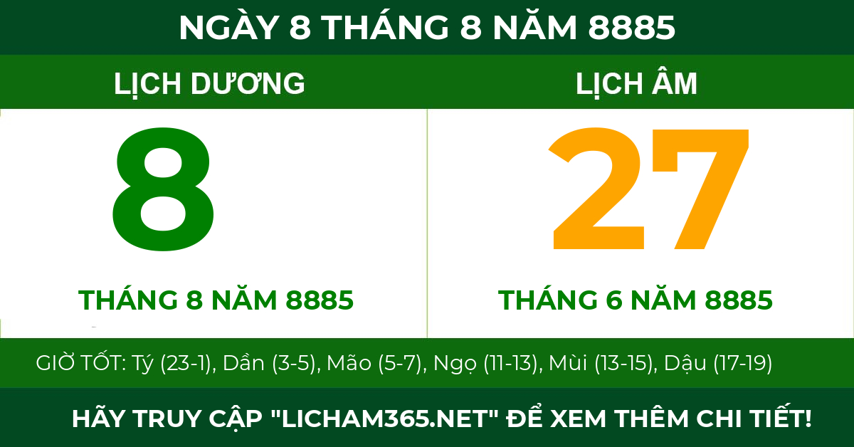 lịch âm ngày 8 tháng 8 năm 8885