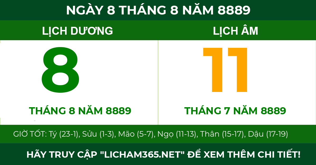 lịch âm ngày 8 tháng 8 năm 8889
