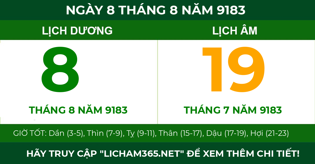 lịch âm ngày 8 tháng 8 năm 9183