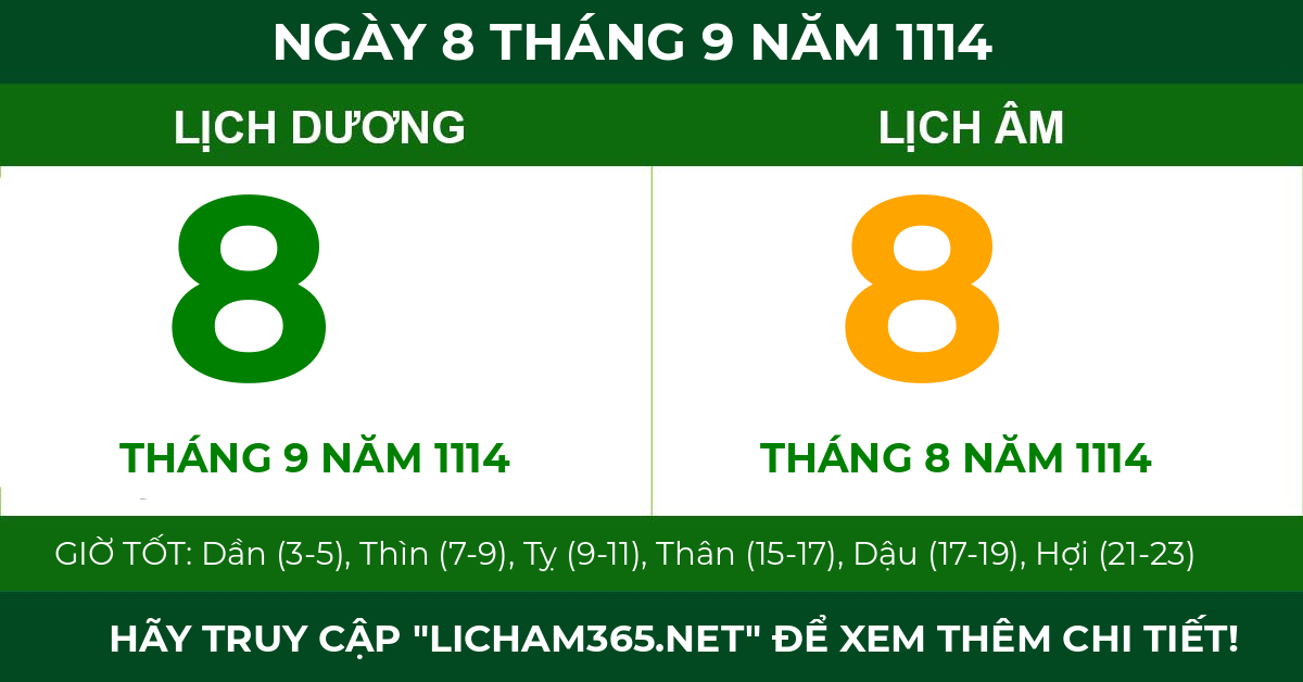 lịch âm ngày 8 tháng 9 năm 1114