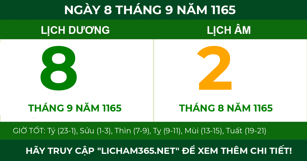 lịch âm ngày 8 tháng 9 năm 1165