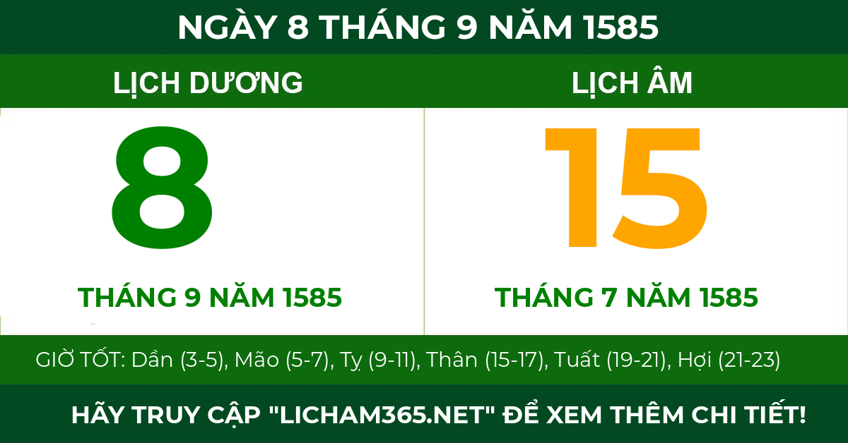 lịch âm ngày 8 tháng 9 năm 1585