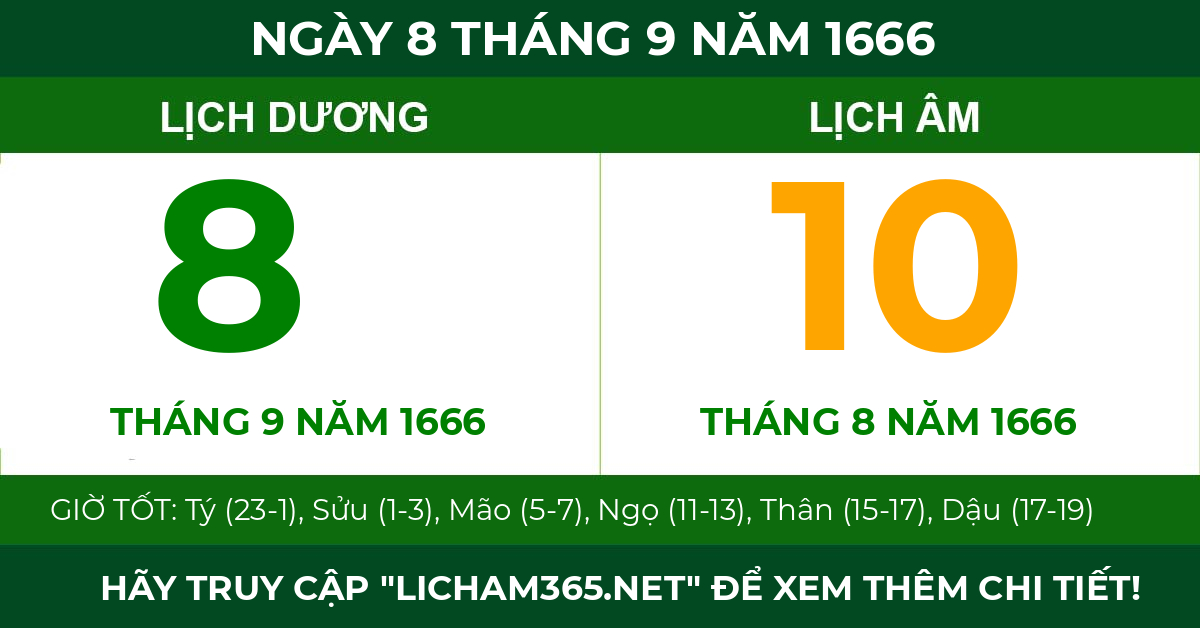 lịch âm ngày 8 tháng 9 năm 1666