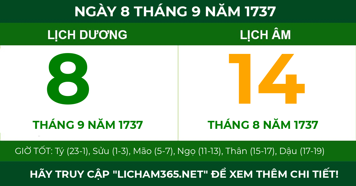 lịch âm ngày 8 tháng 9 năm 1737
