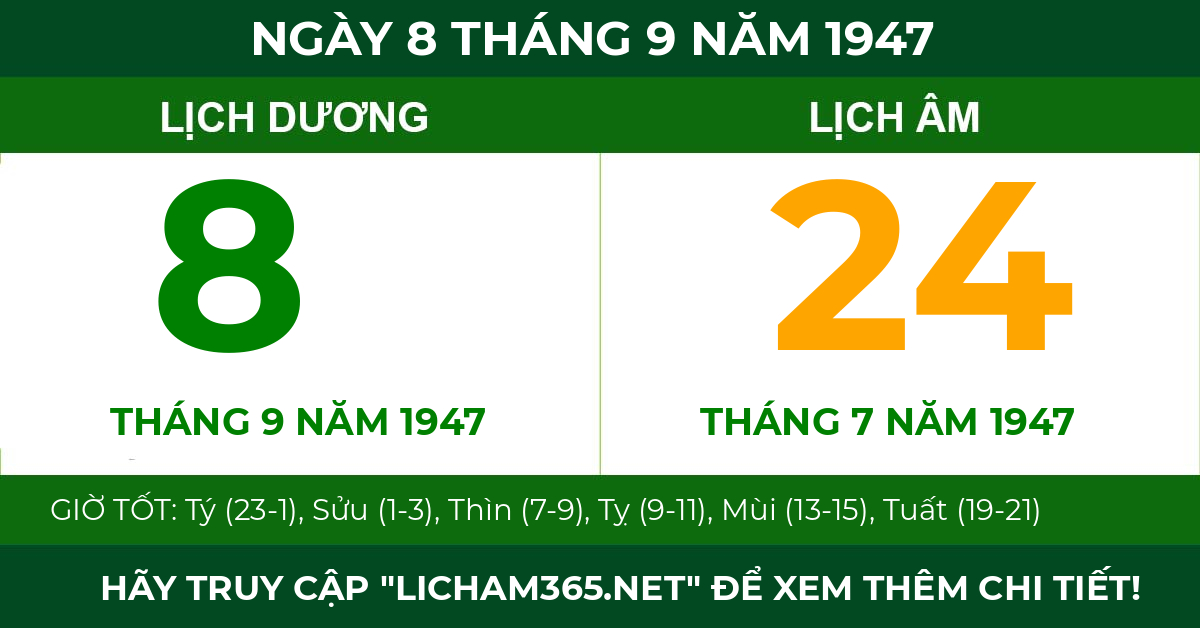 lịch âm ngày 8 tháng 9 năm 1947