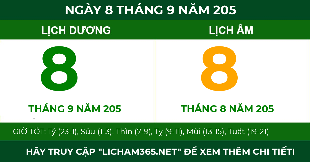 lịch âm ngày 8 tháng 9 năm 205