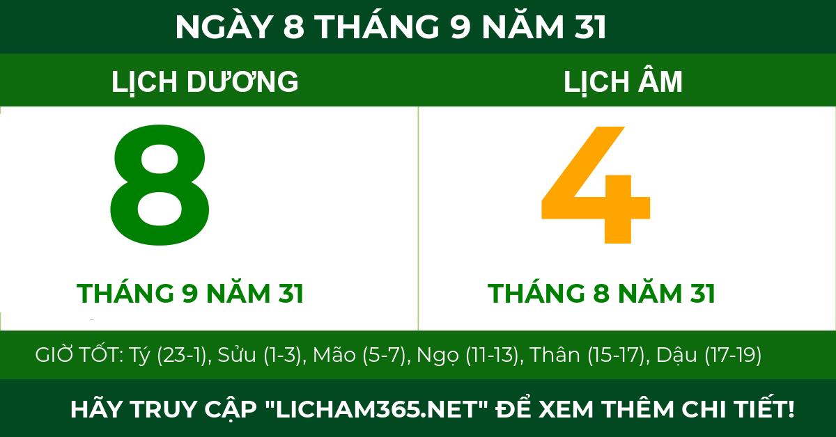 lịch âm ngày 8 tháng 9 năm 31