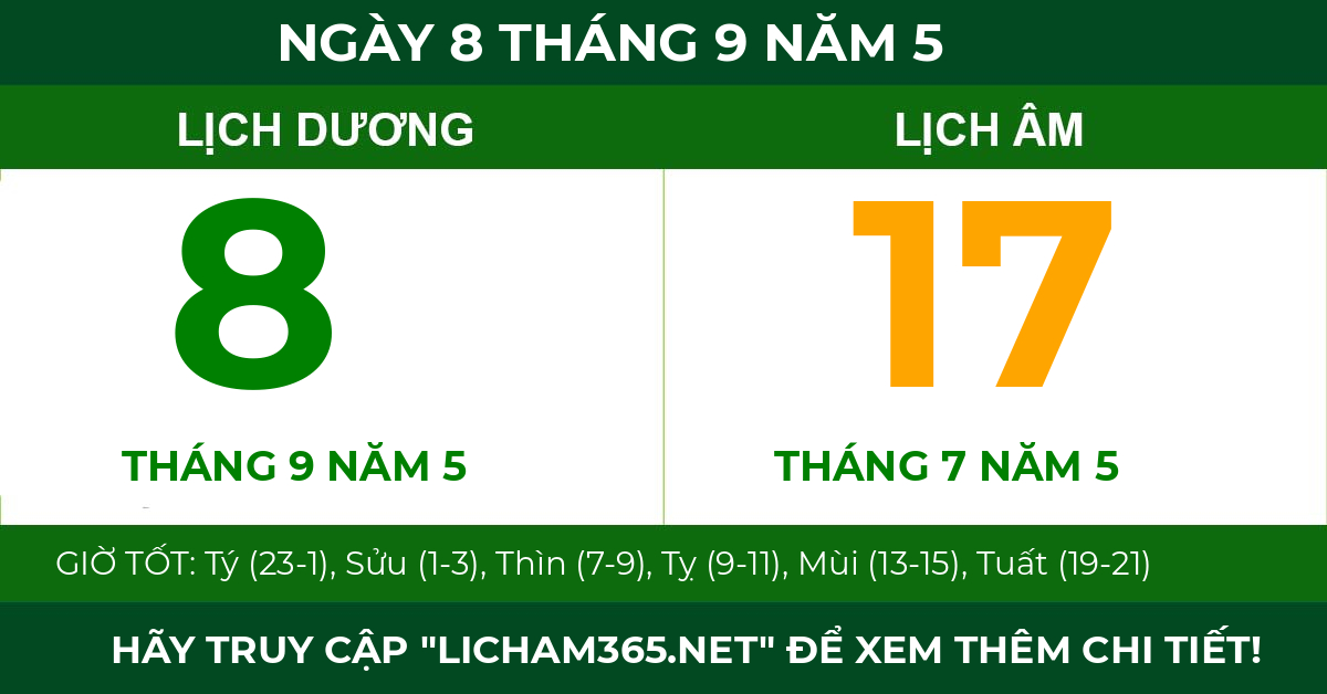 lịch âm ngày 8 tháng 9 năm 5