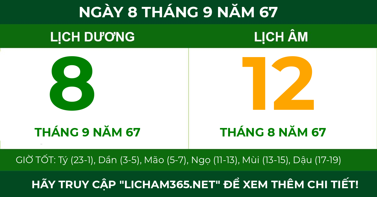 lịch âm ngày 8 tháng 9 năm 67