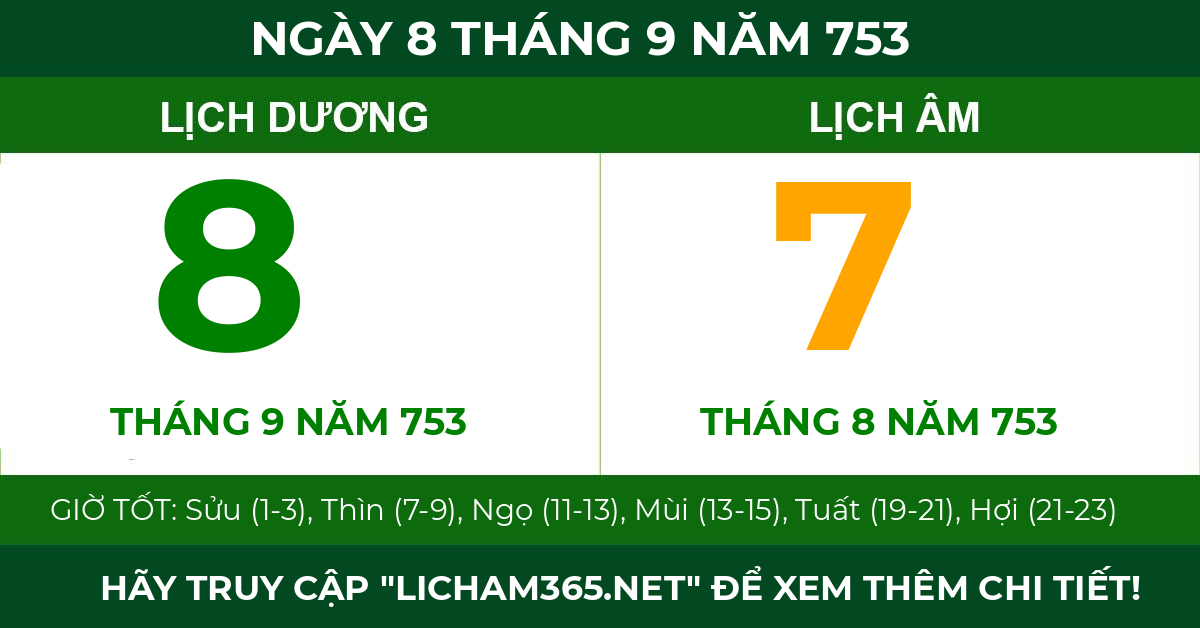 lịch âm ngày 8 tháng 9 năm 753