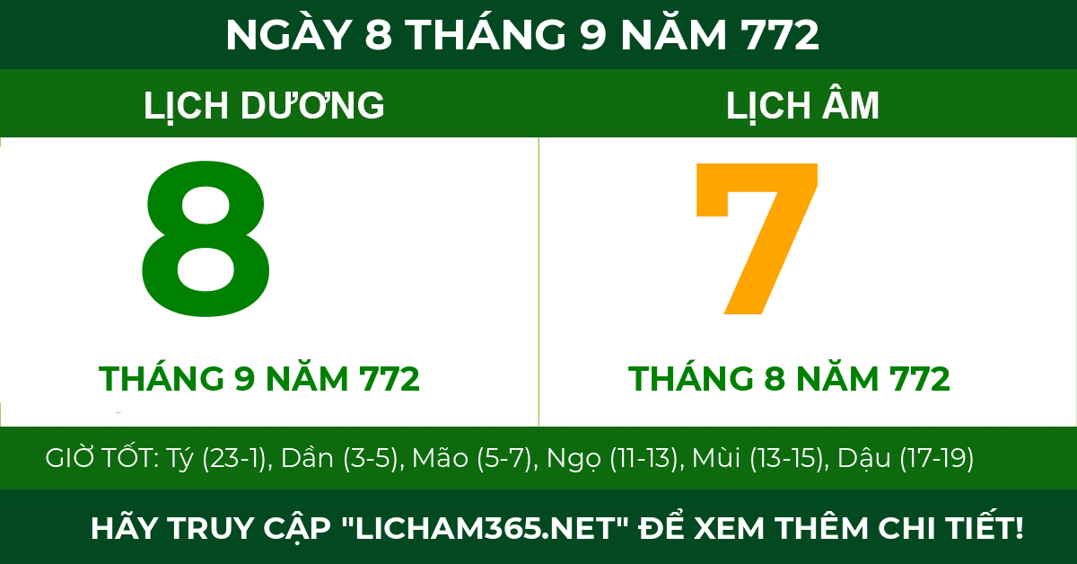 lịch âm ngày 8 tháng 9 năm 772