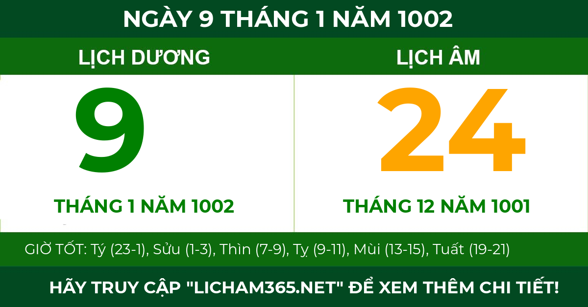 lịch âm ngày 9 tháng 1 năm 1002