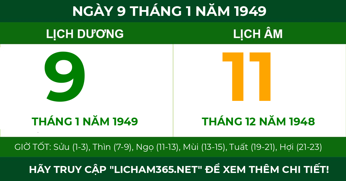 lịch âm ngày 9 tháng 1 năm 1949