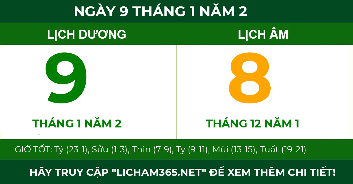 lịch âm ngày 9 tháng 1 năm 2