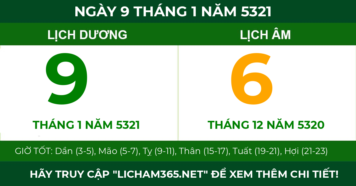 lịch âm ngày 9 tháng 1 năm 5321