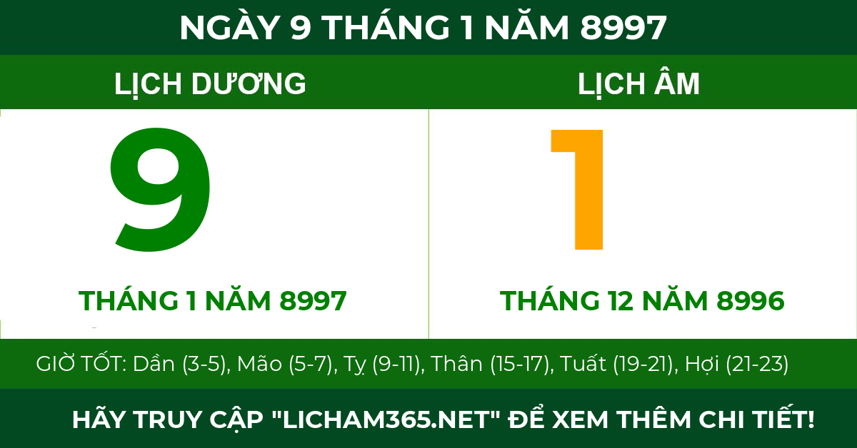 lịch âm ngày 9 tháng 1 năm 8997